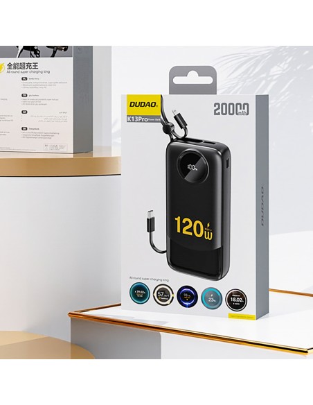 
K13 10000mAh 22.5W išorinė baterija su integruotu laidu - juoda
