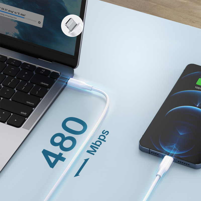 USB Type C 20W PowerDelivery 3A sieninis įkroviklis + MFI USB Type Clightning kabelis 1,2m baltas