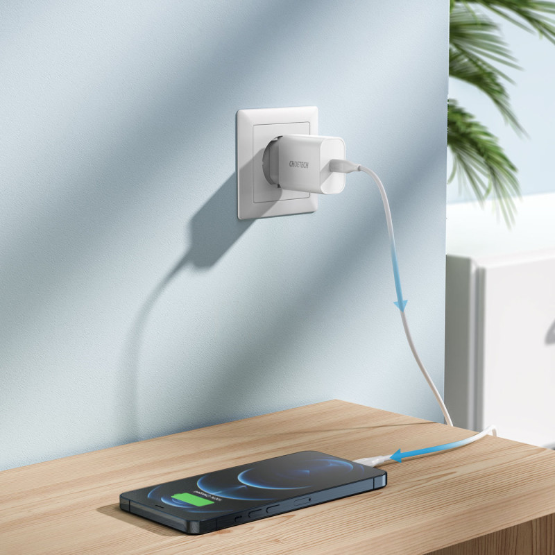 USB Type C 20W PowerDelivery 3A sieninis įkroviklis + MFI USB Type Clightning kabelis 1,2m baltas