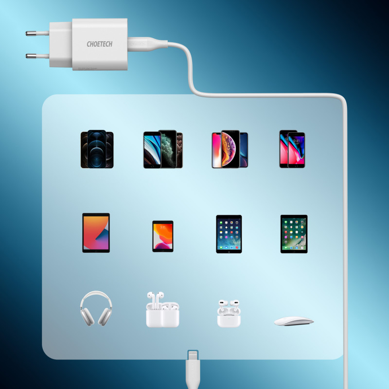 USB Type C 20W PowerDelivery 3A sieninis įkroviklis + MFI USB Type Clightning kabelis 1,2m baltas