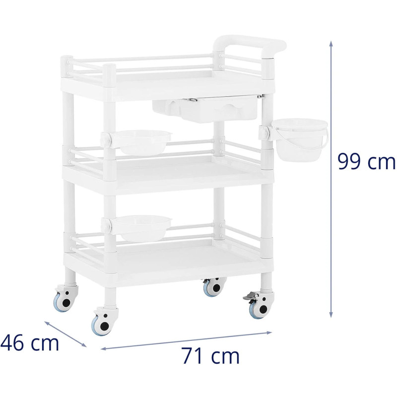 Kosmetikos procedūrų laboratorinis vežimėlis 3 lentynos 1 stalčius 3 konteineriai 71 x 46 x 99 cm 30 kg