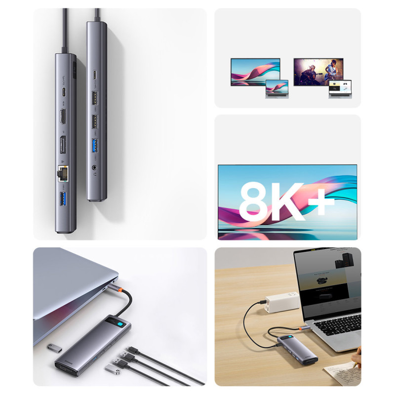 Daugiafunkcis HUB 12in1 USB-C HDMI DP USB-C mini lizdas 3,5 mm RJ45 SD