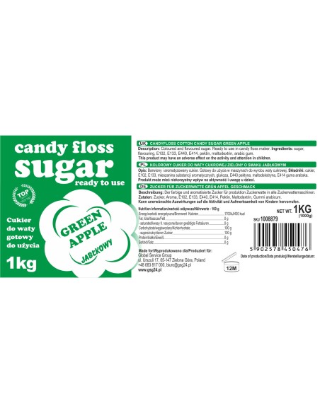 Spalvotas cukraus vatos žalio obuolio skonio 1kg Spalvotas cukraus vatos žalio obuolio skonio 1kg