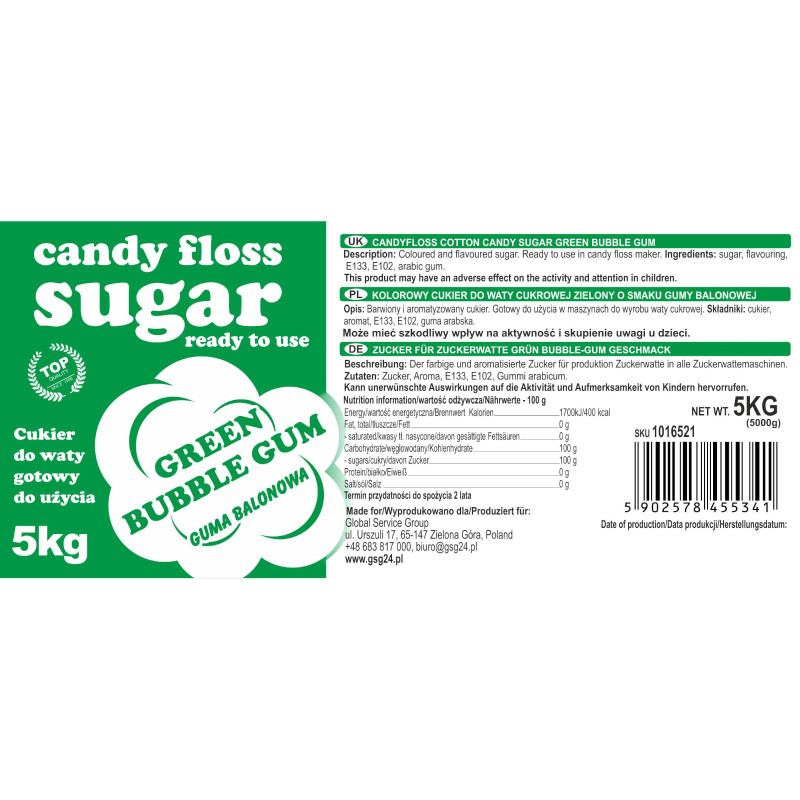 Spalvingas cukrus cukraus vatai žaliai, pagardintas guma 5kg