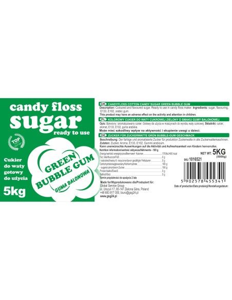 Spalvingas cukrus cukraus vatai žaliai, pagardintas guma 5kg Spalvingas cukrus cukraus vatai žaliai, pagardintas guma 5kg