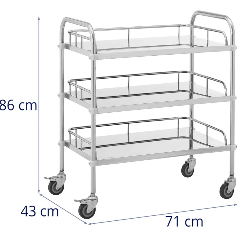 Kosmetinio gydymo laboratorinis vežimėlis iš plieno 3 lentynos 71 x 43 x 86 cm 30 kg