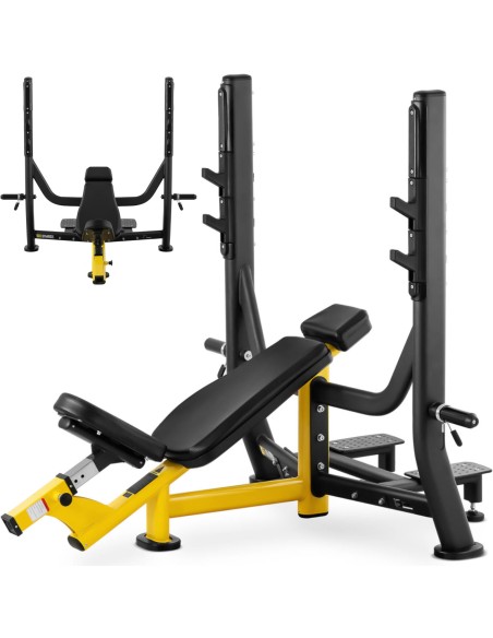 Treniruočių suoliukas po štanga pasvirusi galvai aukštyn juodai geltonai