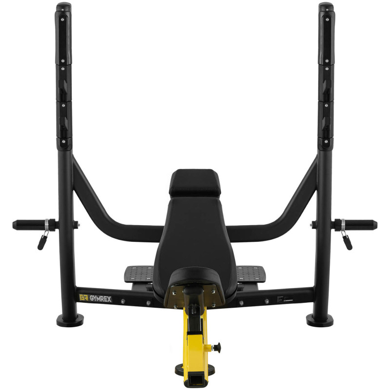 Treniruočių suoliukas po štanga pasvirusi galvai aukštyn juodai geltonai