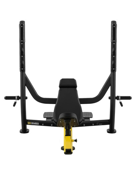 Treniruočių suoliukas po štanga pasvirusi galvai aukštyn juodai geltonai