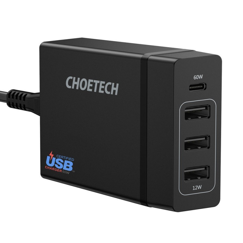 Sieninis įkroviklis 3xUSB 1xUSB Type C 60W Power Delivery juodas