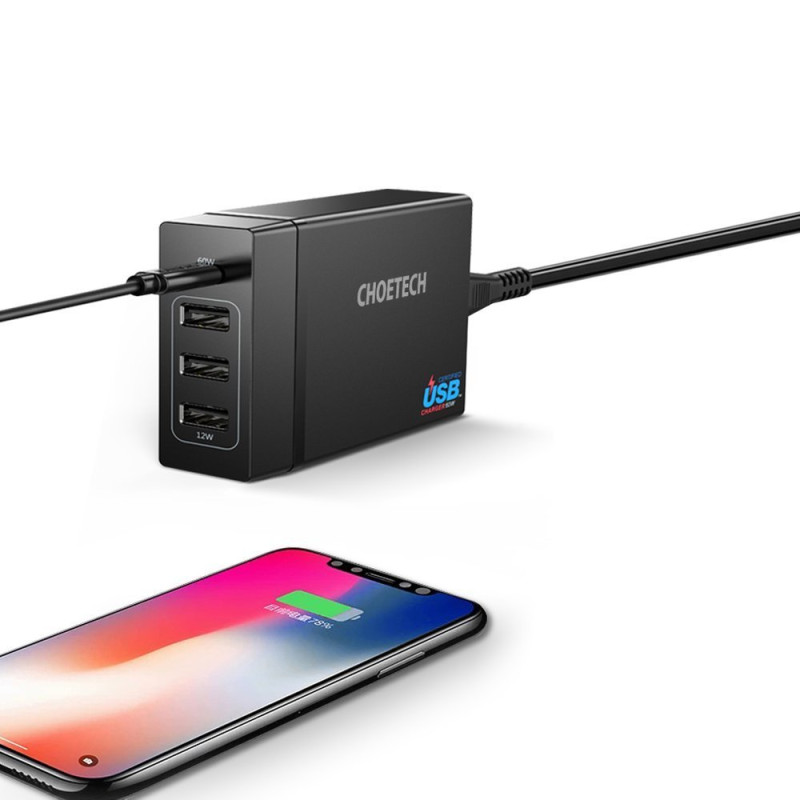 Sieninis įkroviklis 3xUSB 1xUSB Type C 60W Power Delivery juodas