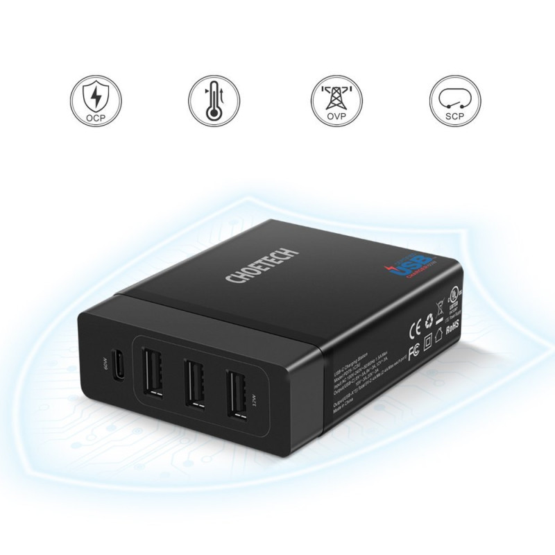 Sieninis įkroviklis 3xUSB 1xUSB Type C 60W Power Delivery juodas