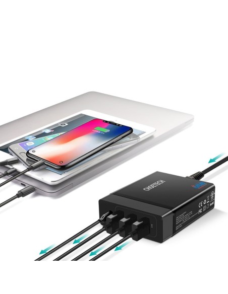 Sieninis įkroviklis 3xUSB 1xUSB Type C 60W Power Delivery juodas