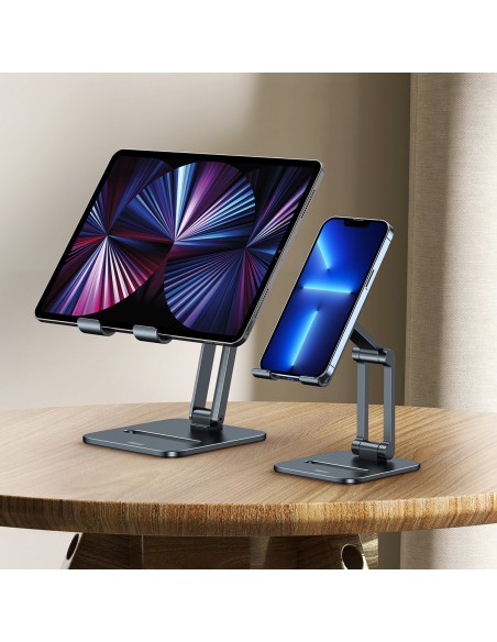 Metalinis stovas išmaniajam telefonui Desktop Biaxial Sulankstomas iki 7 colių pilkos spalvos Metalinis stovas išmaniajam telefonui Desktop Biaxial Sulankstomas iki 7 colių pilkos spalvos