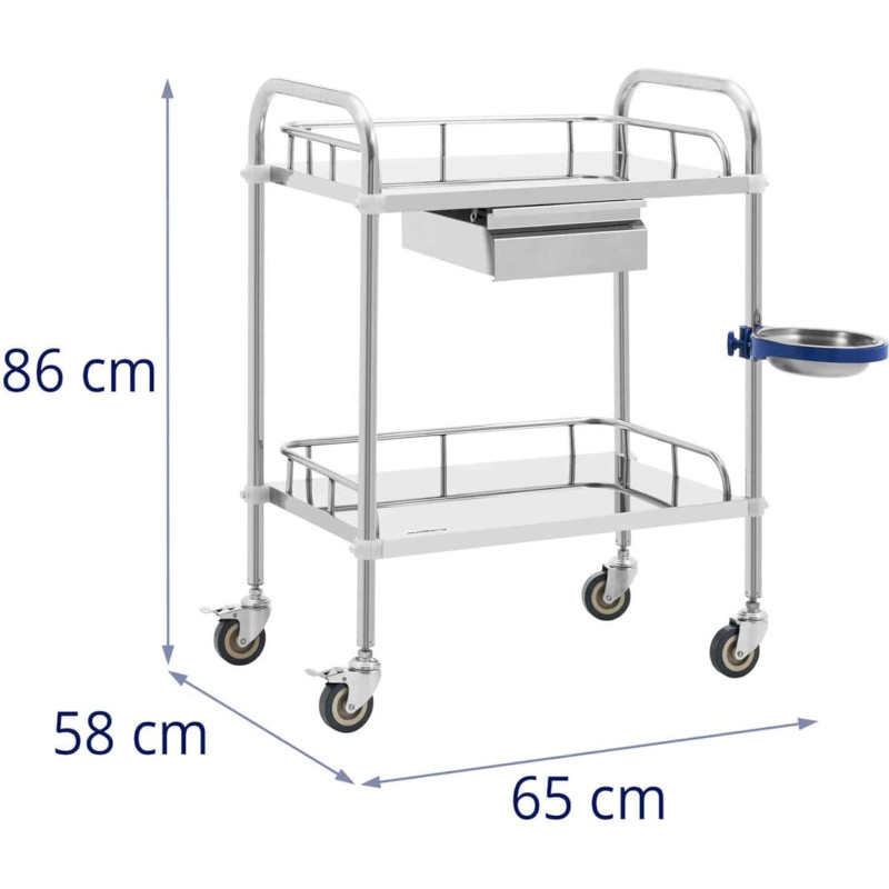 Kosmetinio gydymo laboratorinis vežimėlis iš plieno 2 lentynos 1 stalčius 65 x 58 x 86 cm 20 kg