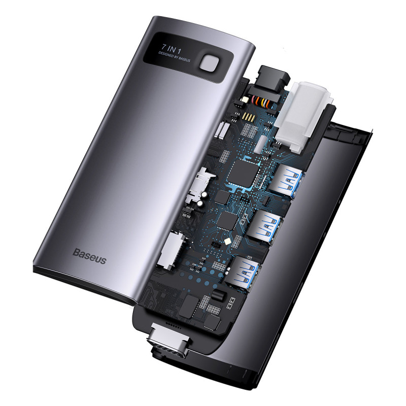 Prijungimo stotis HUB 7in1 USB-C 1xHDMI 1xVGA 3xUSB 3.2 1xPower Delivery RJ-45 Ethernet pilka spalva