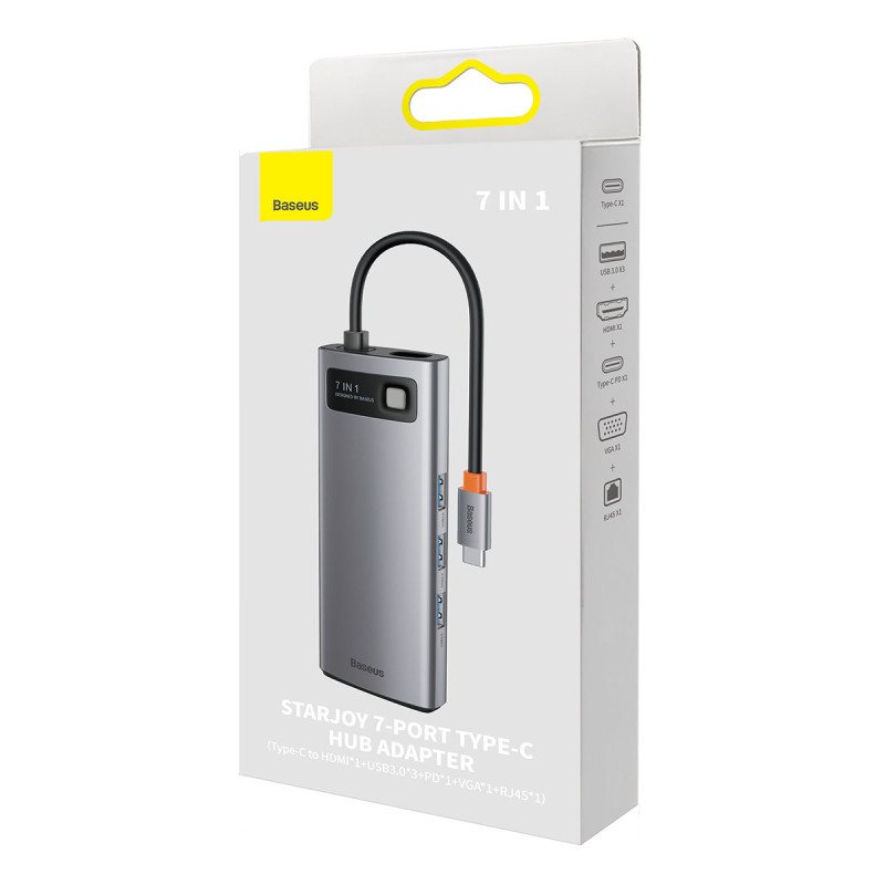 Prijungimo stotis HUB 7in1 USB-C 1xHDMI 1xVGA 3xUSB 3.2 1xPower Delivery RJ-45 Ethernet pilka spalva