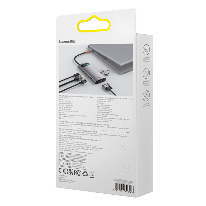Prijungimo stotis HUB 7in1 USB-C 1xHDMI 1xVGA 3xUSB 3.2 1xPower Delivery RJ-45 Ethernet pilka spalva