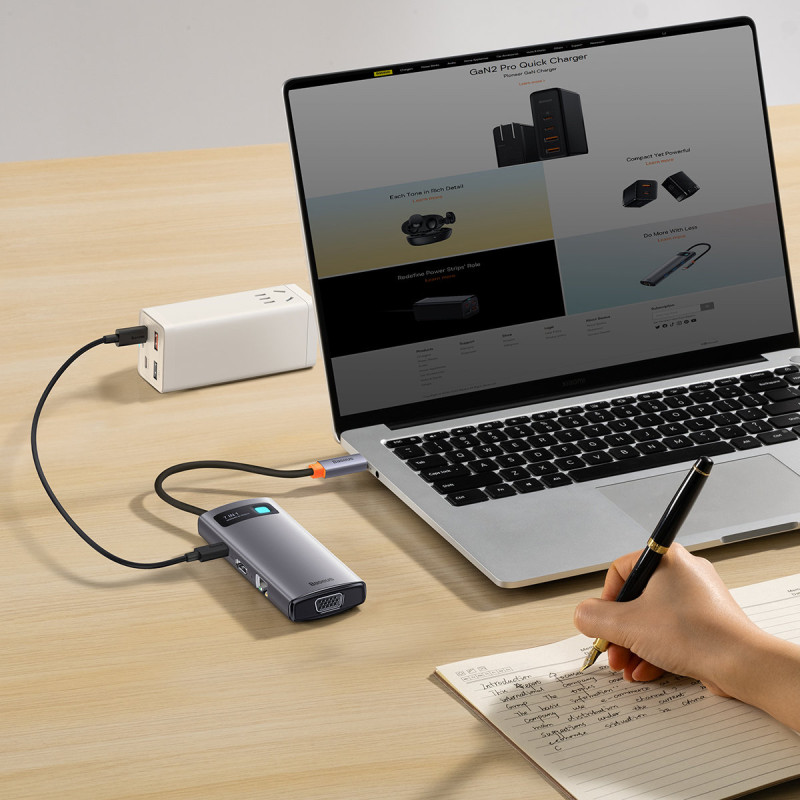 Prijungimo stotis HUB 7in1 USB-C 1xHDMI 1xVGA 3xUSB 3.2 1xPower Delivery RJ-45 Ethernet pilka spalva