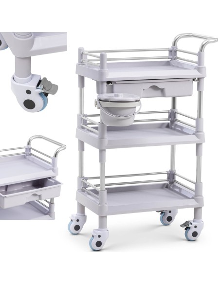 Medicininis laboratorinis vežimėlis su 3 lentynomis, stalčiumi, krepšeliu Medicininis laboratorinis vežimėlis su 3 lentynomis, stalčiumi, krepšeliu