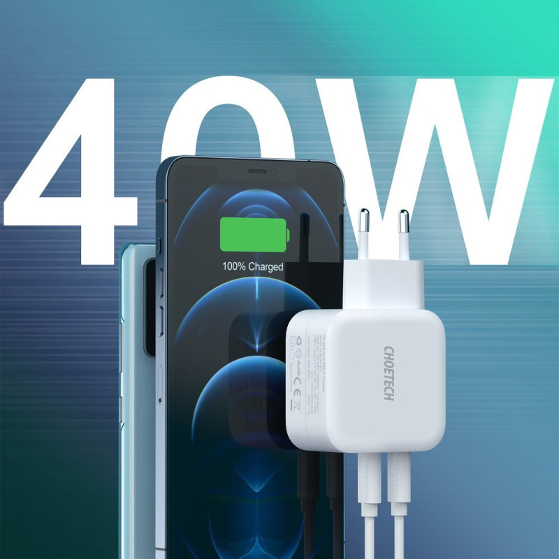 Greitas įkroviklis 2x USB Type C Maitinimo tiekimas 40W 3A baltas