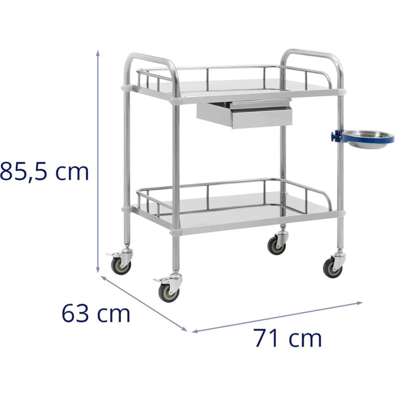Kosmetinio gydymo laboratorinis vežimėlis iš plieno 2 lentynos 1 stalčius 71 x 63 x 85,5 cm 20 kg