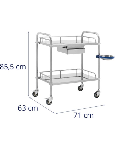 Kosmetinio gydymo laboratorinis vežimėlis iš plieno 2 lentynos 1 stalčius 71 x 63 x 85,5 cm 20 kg Kosmetinio gydymo laboratorinis vežimėlis iš plieno 2 lentynos 1 stalčius 71 x 63 x 85,5 cm 20 kg