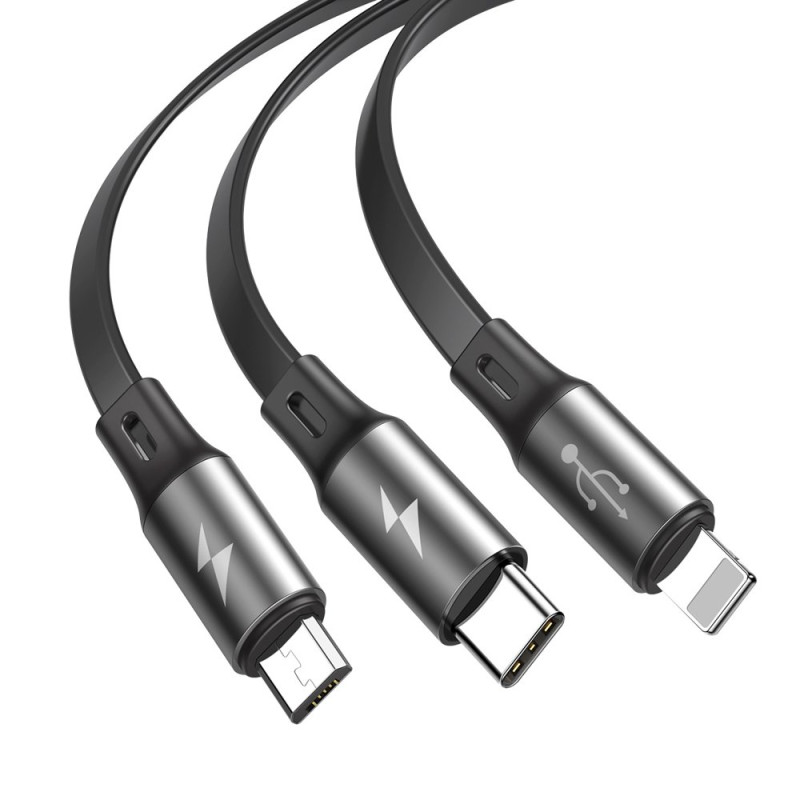Išplečiamas laidas 3in1 USB microUSB iPhone Lightning USB-C 3.5A 35cm 120cm pilka