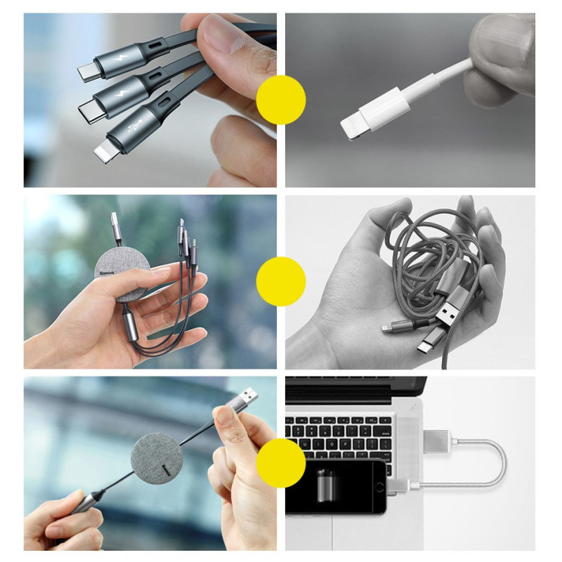 Išplečiamas laidas 3in1 USB microUSB iPhone Lightning USB-C 3.5A 35cm 120cm pilka