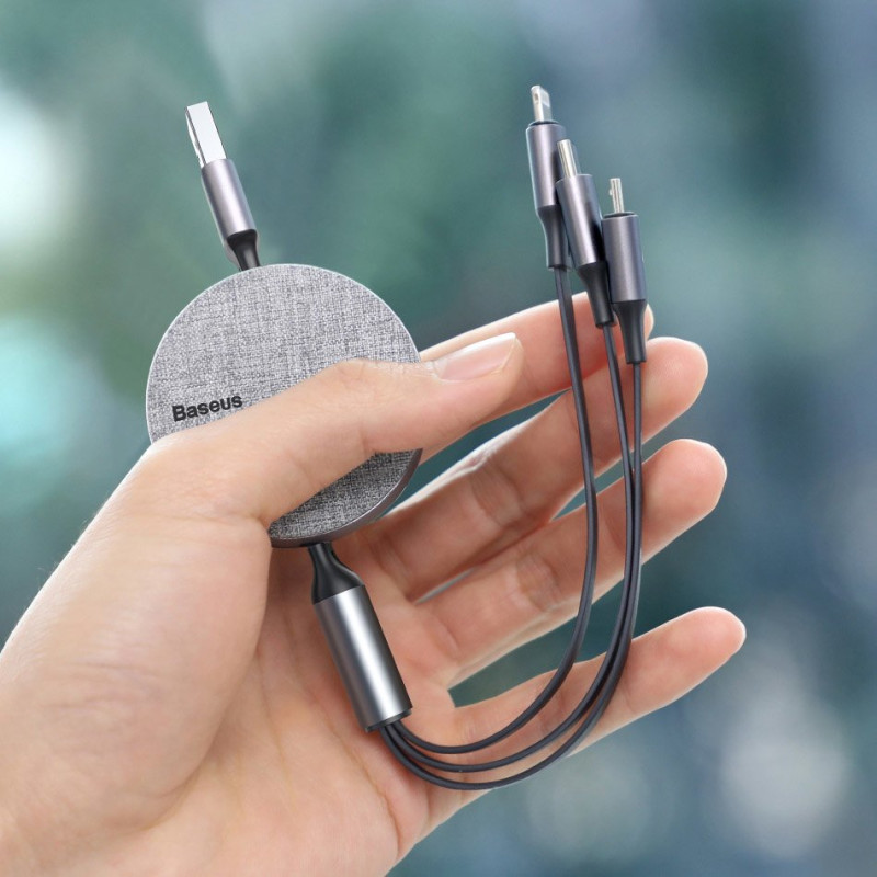 Išplečiamas laidas 3in1 USB microUSB iPhone Lightning USB-C 3.5A 35cm 120cm pilka