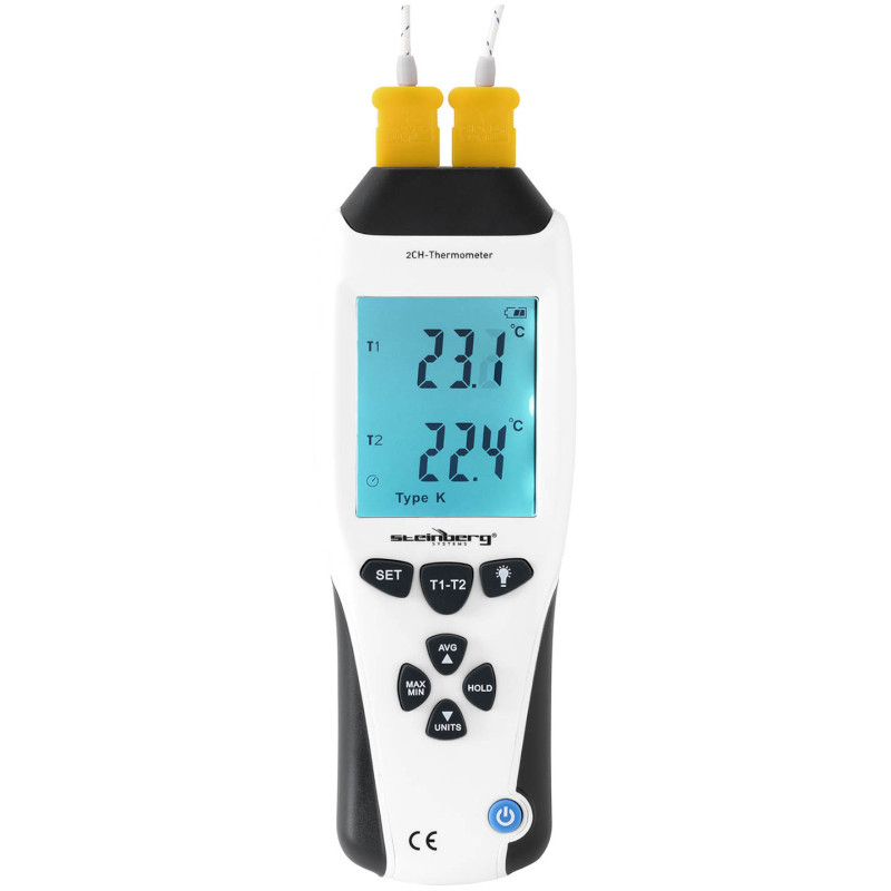 Termometras pramoninis temperatūros matuoklis 2 kanalų K/J LCD diapazonas -200 iki 1370 C