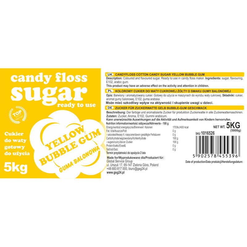 Spalvotas cukrus cukraus vatai geltonas su burbulinės gumos skonio 5kg
