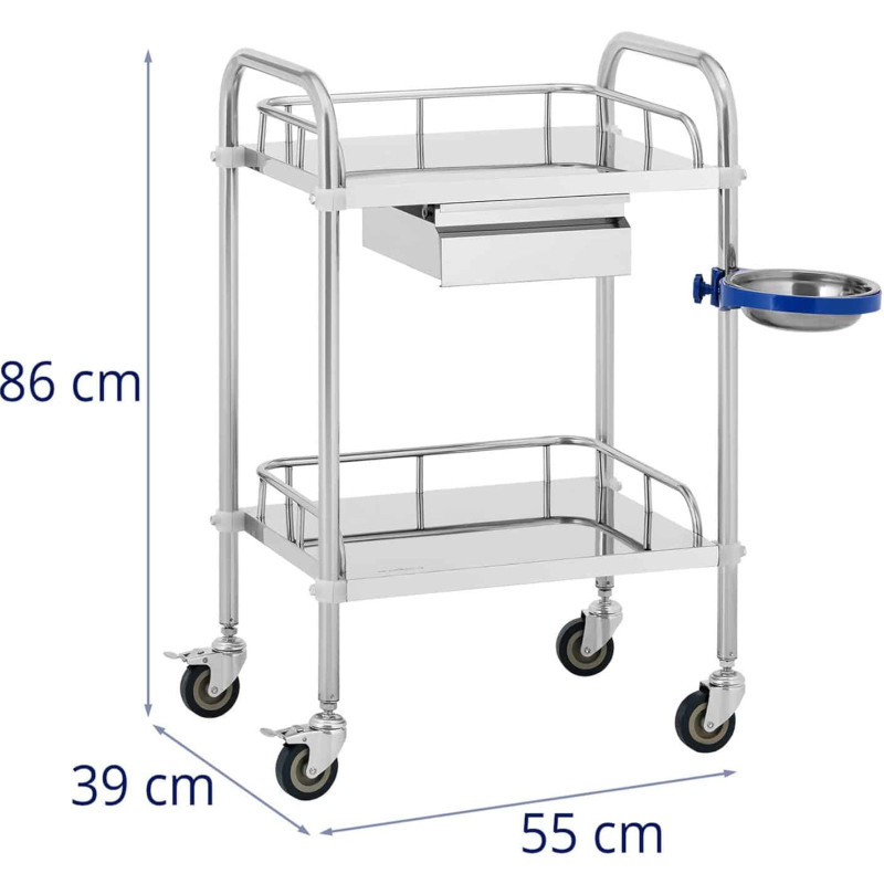 Kosmetinio gydymo laboratorinis vežimėlis iš plieno 2 lentynos 1 stalčius 55 x 60 x 86 cm 20 kg