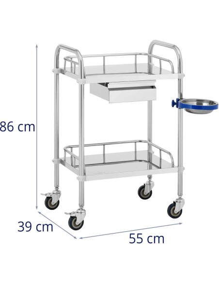 Kosmetinio gydymo laboratorinis vežimėlis iš plieno 2 lentynos 1 stalčius 55 x 60 x 86 cm 20 kg Kosmetinio gydymo laboratorinis vežimėlis iš plieno 2 lentynos 1 stalčius 55 x 60 x 86 cm 20 kg