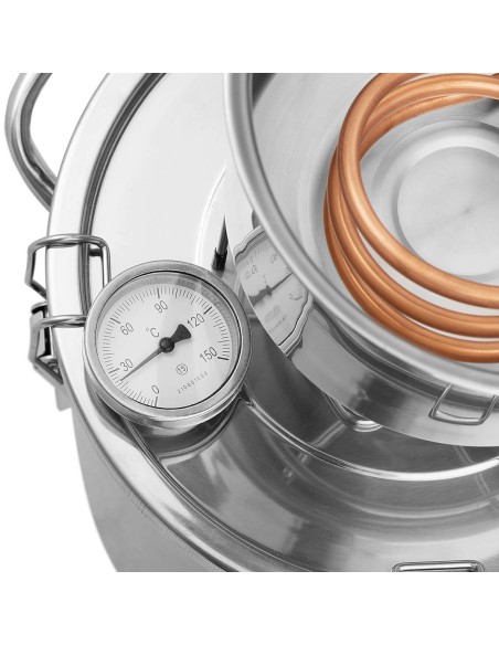Nerūdijančio plieno distiliatorius su varine spirale ir termometru 12 l Nerūdijančio plieno distiliatorius su varine spirale ir termometru 12 l