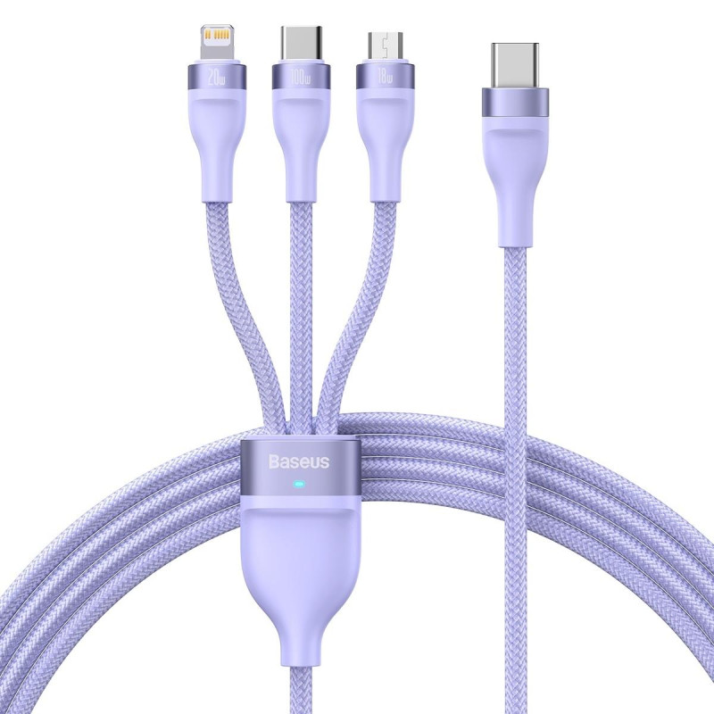 „Flash Series II“ laidas USB-C USB A tipo „iPhone Lightning“ microUSB 100 W 1,5 m purpurinis