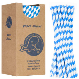 BIO ekologiški popieriniai šiaudeliai PAPER STRAWS 6/205mm - balti ir mėlyni 250vnt.