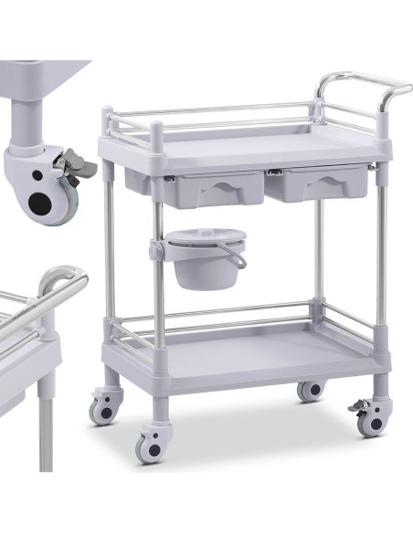 Medicininis laboratorinis vežimėlis su 2 lentynomis, 2 stalčiais, krepšeliu Medicininis laboratorinis vežimėlis su 2 lentynomis, 2 stalčiais, krepšeliu