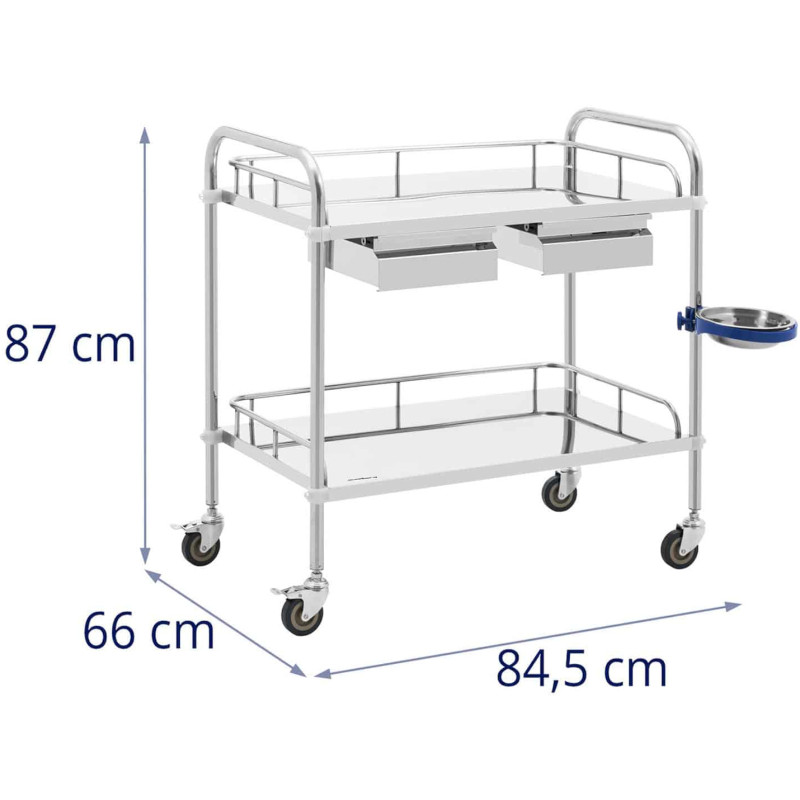 Kosmetinio gydymo laboratorinis vežimėlis iš plieno 2 stalčiai 2 lentynos 85 x 54 x 28 cm