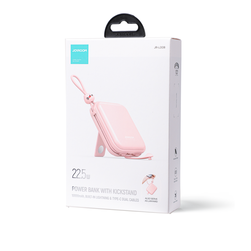 Maitinimo blokas su stovu USB-C laidu ir iPhone Lightning Cutie Series 10000mAh 22,5W rožinė