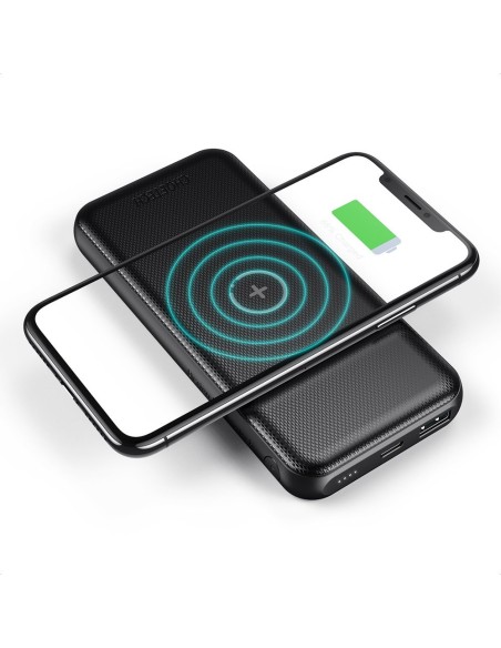 Maitinimo blokas 10000mAh 18W Quick Charge USB Type C + Qi belaidis įkroviklis 10W juodas