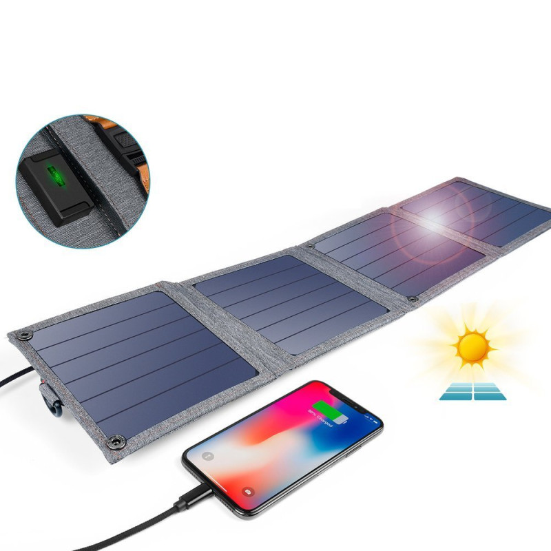 Saulės įkroviklis turistiniam telefonui su USB 14W, sulankstomas pilkas