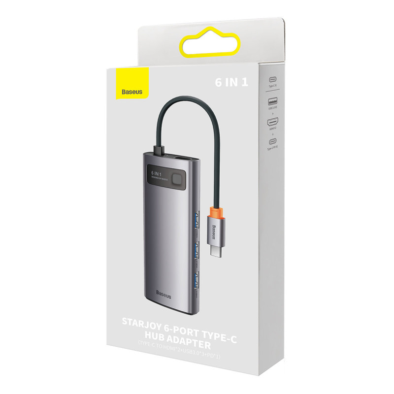 Metal Gleam 6in1 daugiafunkcis HUB USB-C USB-C maitinimo tiekimas 100W 2xHDMI 4K 3xUSB 3.2 pilka