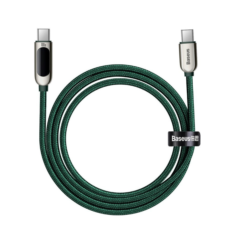 USB-C laidas 100W 5A Maitinimo tiekimas su energijos matuoklio ekranu 2m žalias