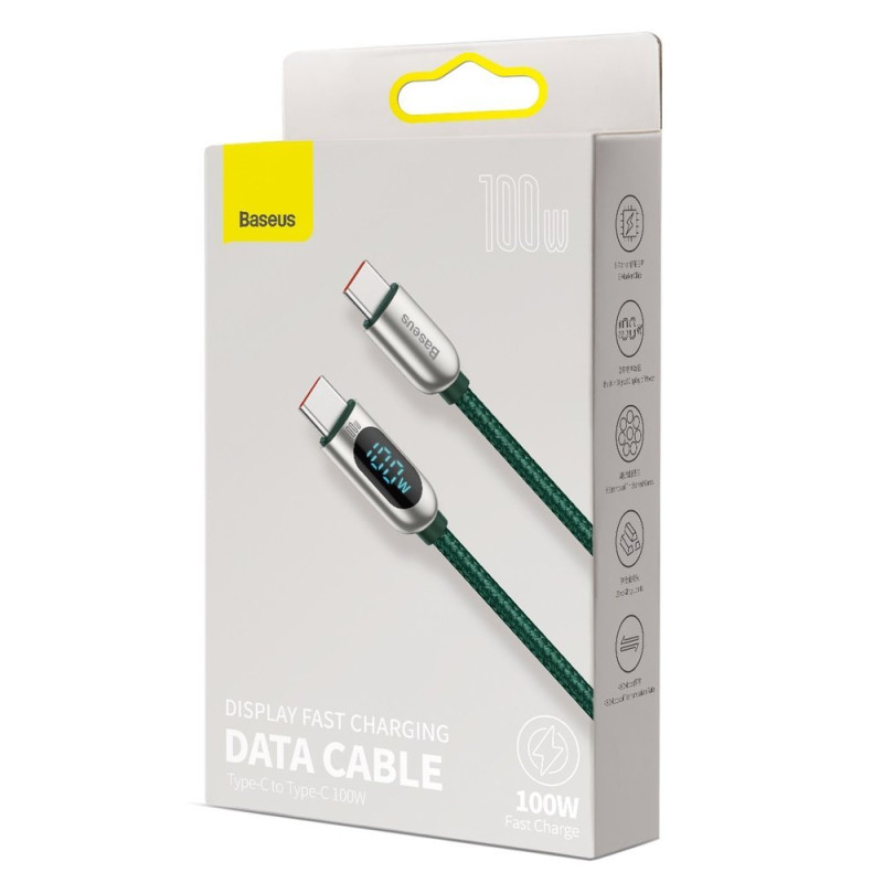 USB-C laidas 100W 5A Maitinimo tiekimas su energijos matuoklio ekranu 2m žalias