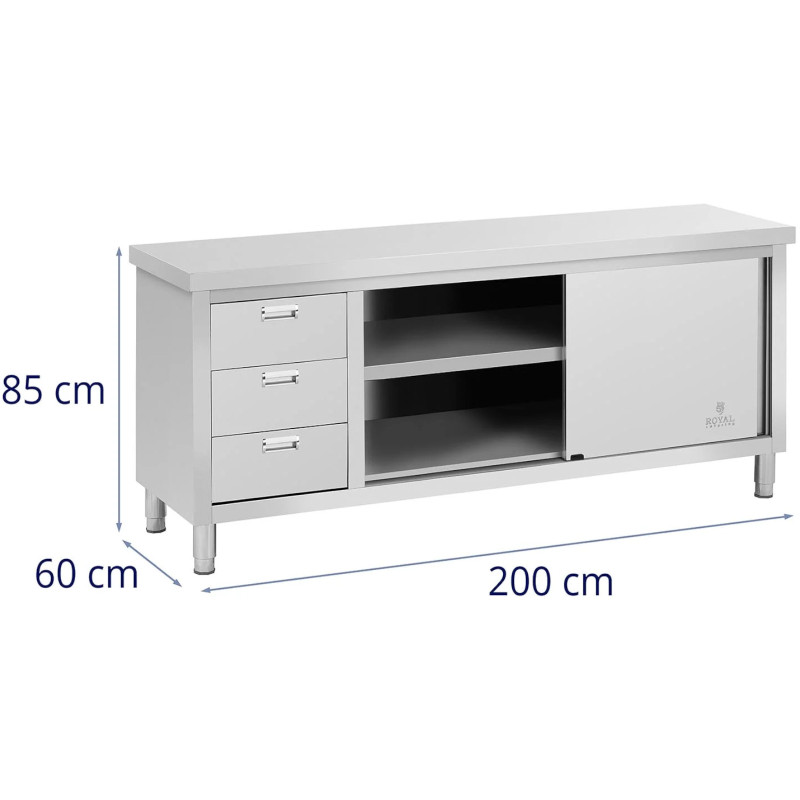 Centrinis stalviršis su stumdomų durų spintele ir 3 stalčiais 200 x 60 x 85 cm