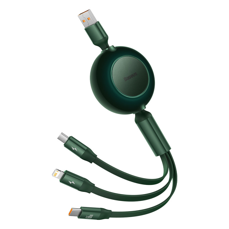 Ištraukiamas laidas 3in1 USB microUSB + iPhone Lightning + USB-C 66W 1,1m žalias