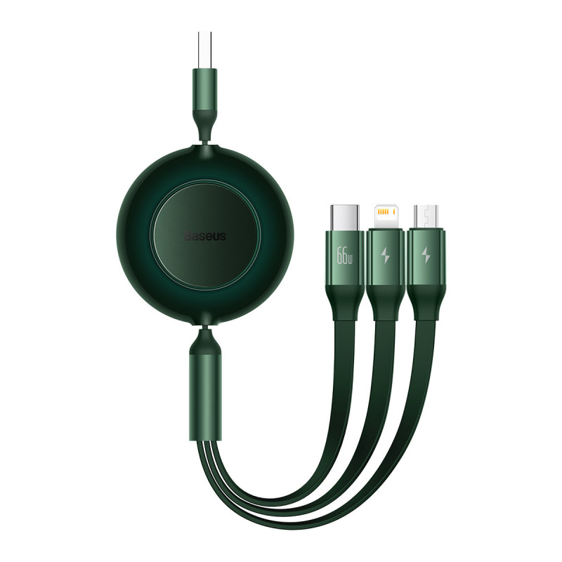 Ištraukiamas laidas 3in1 USB microUSB + iPhone Lightning + USB-C 66W 1,1m žalias