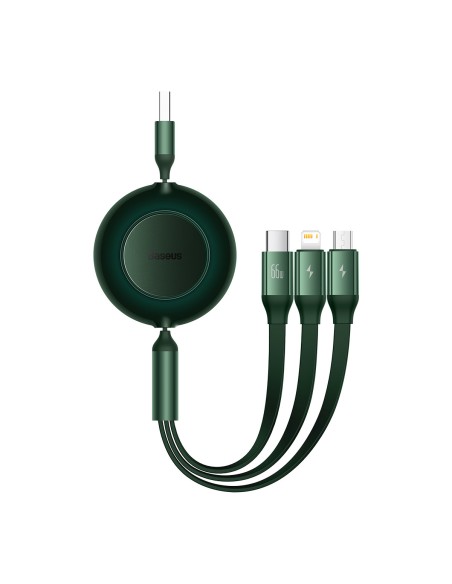 Ištraukiamas laidas 3in1 USB microUSB + iPhone Lightning + USB-C 66W 1,1m žalias Ištraukiamas laidas 3in1 USB microUSB + iPhone Lightning + USB-C 66W 1,1m žalias