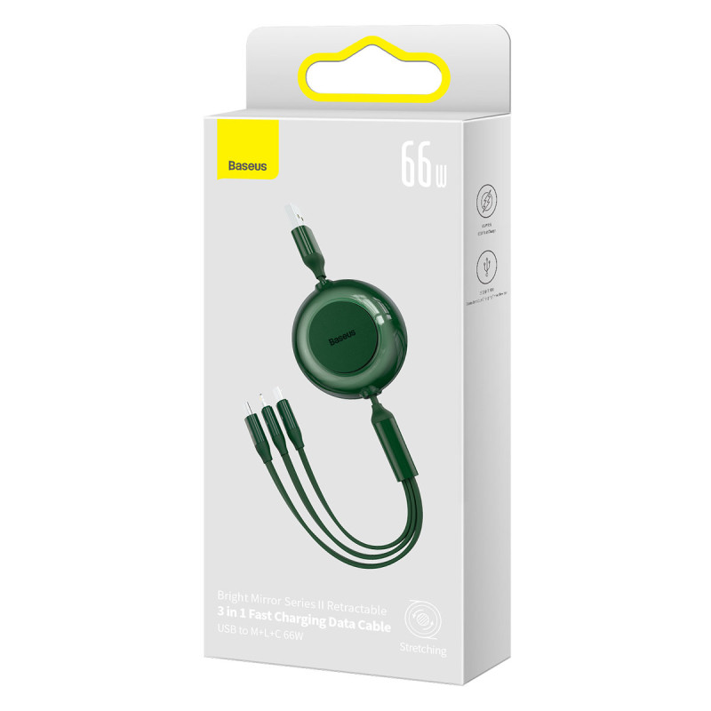 Ištraukiamas laidas 3in1 USB microUSB + iPhone Lightning + USB-C 66W 1,1m žalias
